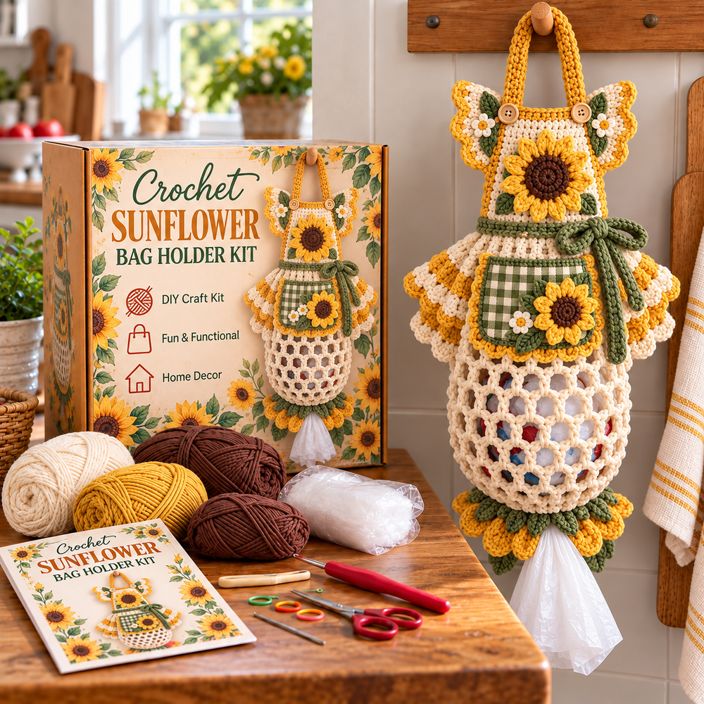 Sunflower vintage floral apron crochet bag holder DIY kit