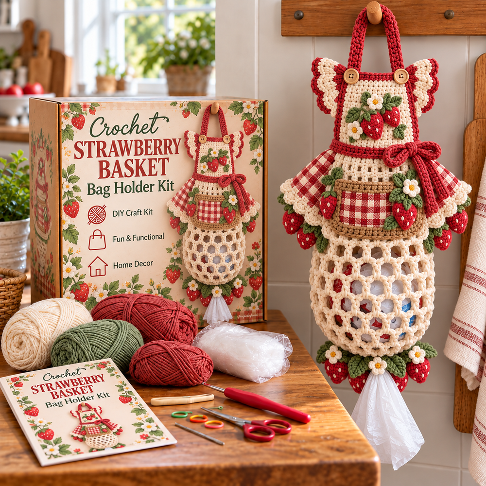 Strawberry crochet floral apron bag holder DIY kit