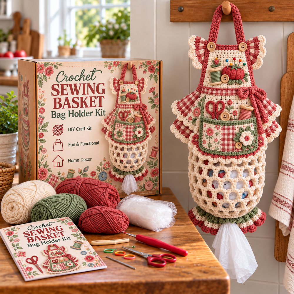 Sewing Basket crochet apron grocery bag holder