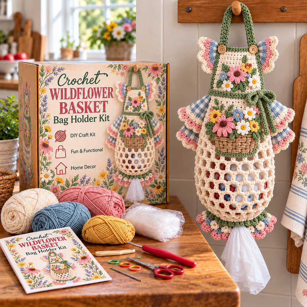 Wildflower Basket vintage floral crochet apron bag holder