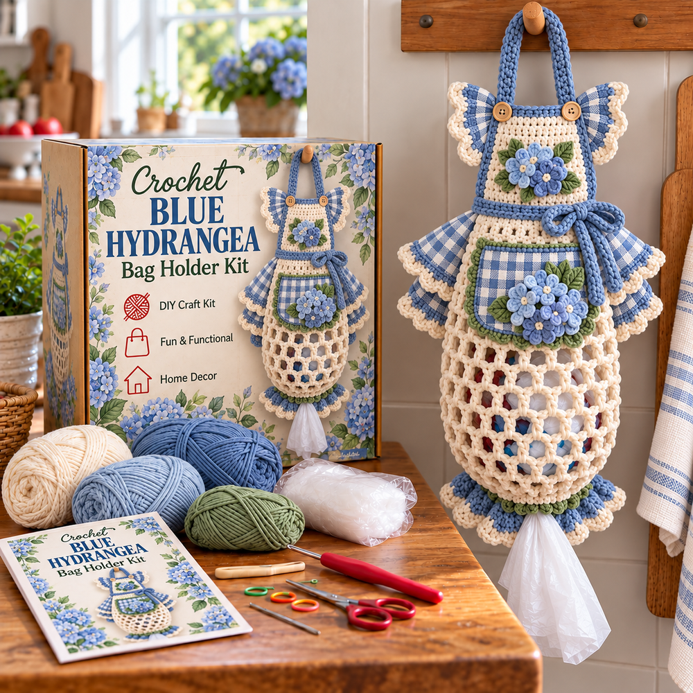 Blue Hydrangea crochet floral apron bag holder