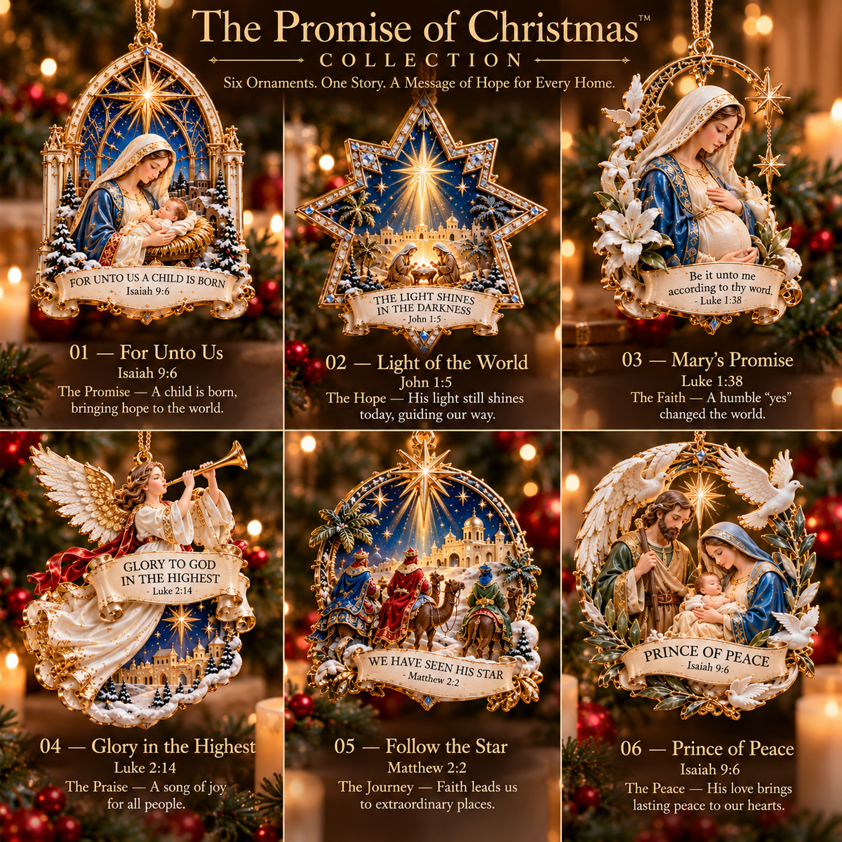 ✨ The Promise of Christmas— 6-Piece Christian Nativity Ornament Collection