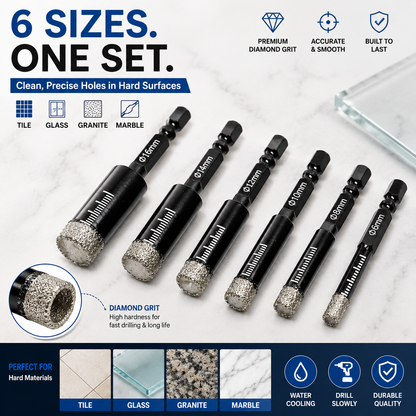 6 Pcs Diamond Drill Bits Set, 1/4 5/6 3/8 1/2 Inch Brazed Diamond Drill Bits for Precision Drilling in Tile Ceramic Glass Granite Marble Masonry