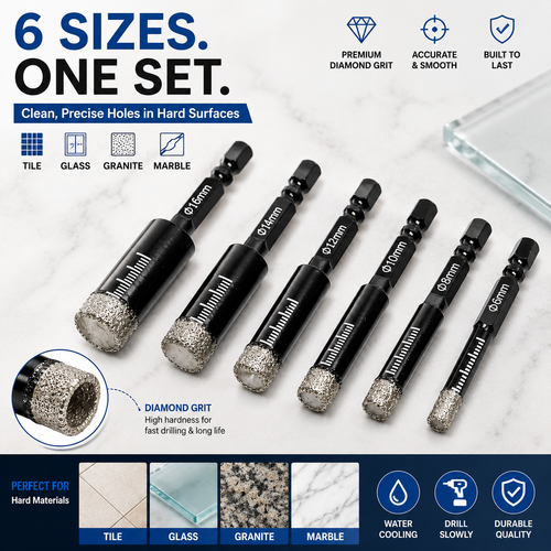 6 Pcs Diamond Drill Bits Set, 1/4 5/6 3/8 1/2 Inch Brazed Diamond Drill Bits for Precision Drilling in Tile Ceramic Glass Granite Marble Masonry