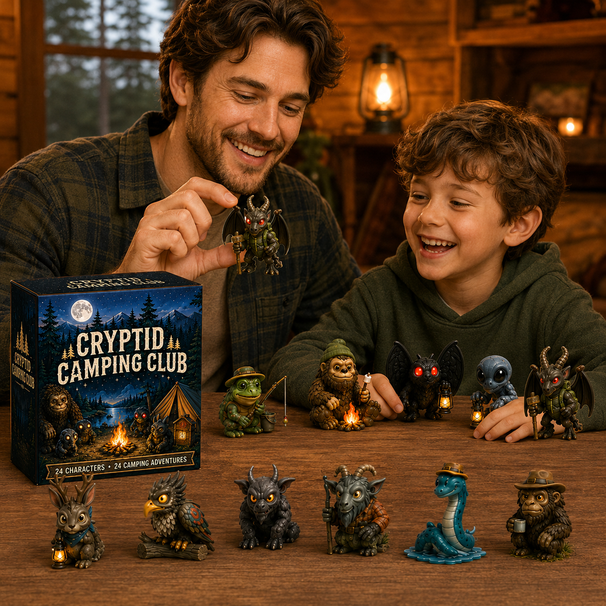 Adult and child enjoying Cryptid Camping Club collection
