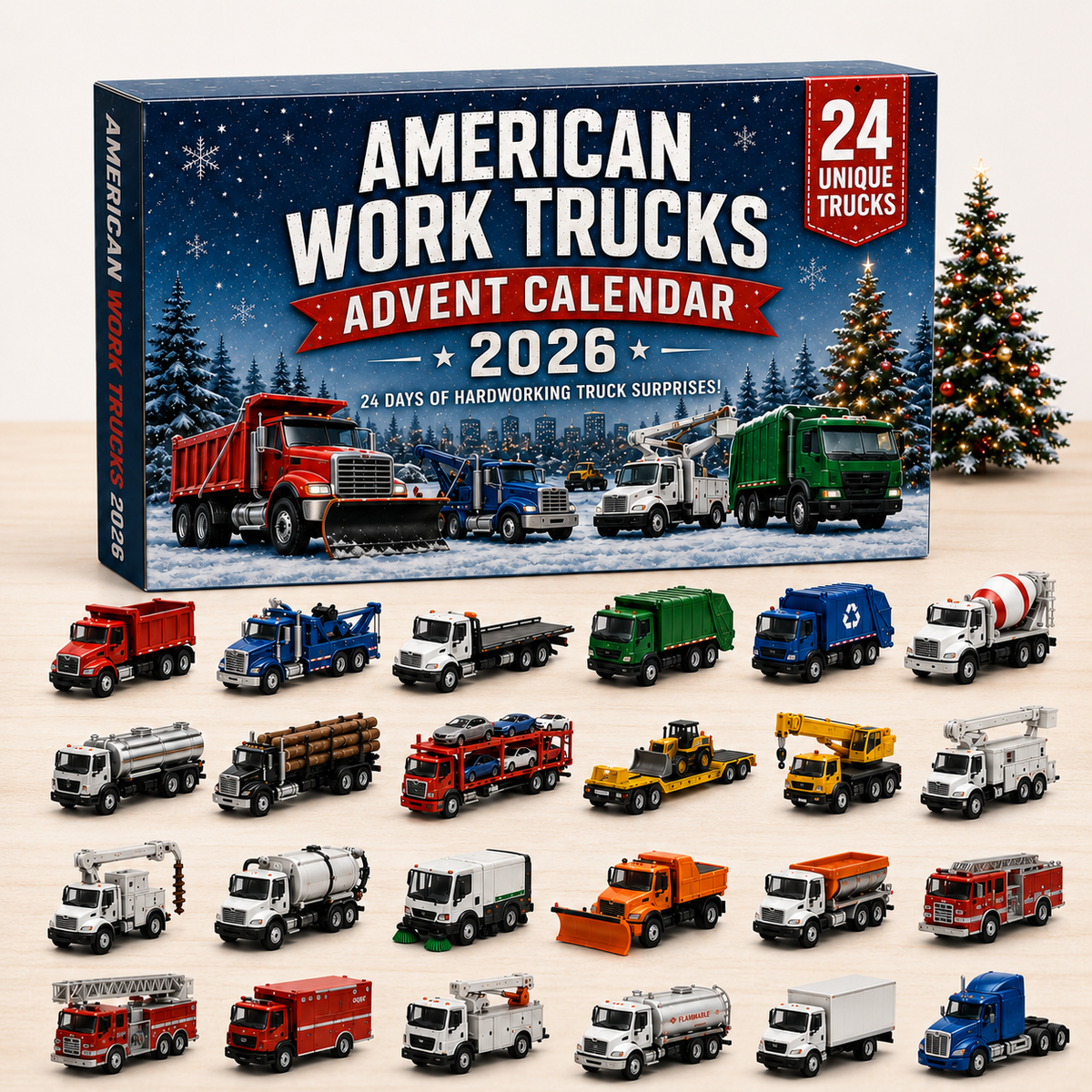 American Work Trucks Advent Calendar white background complete product display
