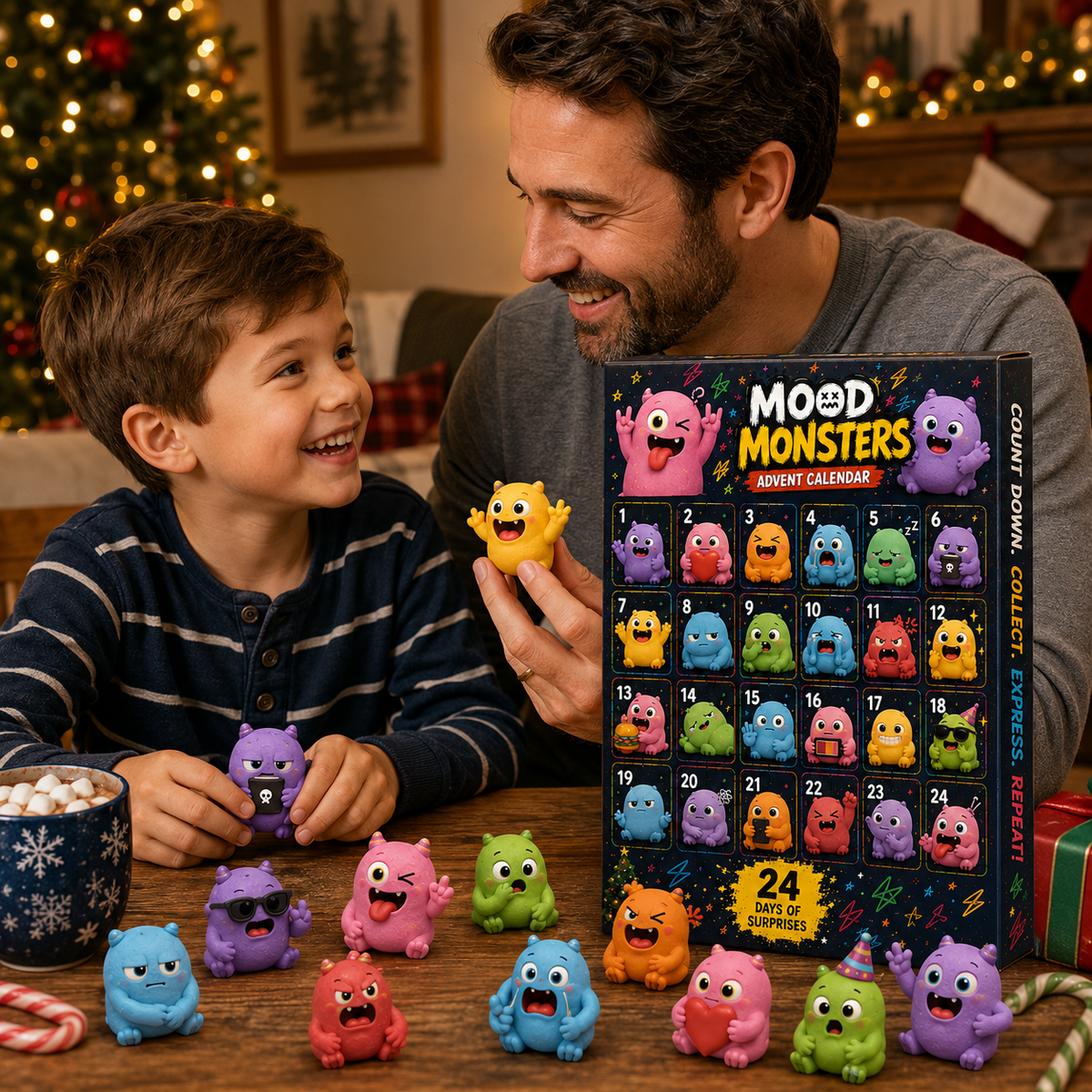 Father and child enjoying Mood Monsters Advent Calendar