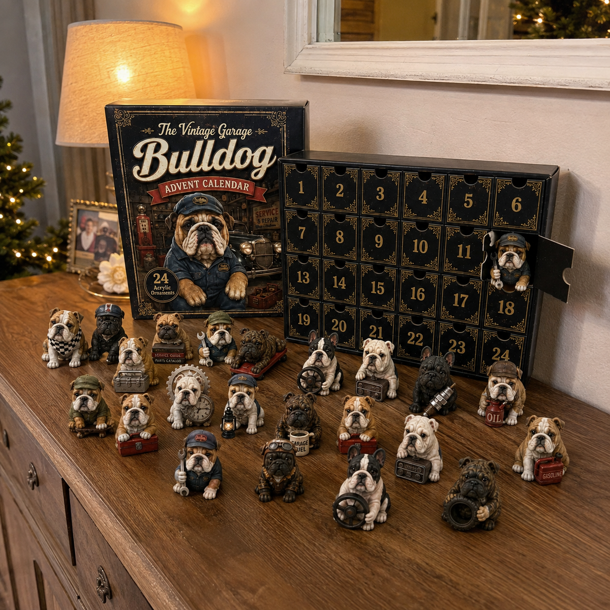 Full Bulldog Advent Calendar collection displayed on cabinet