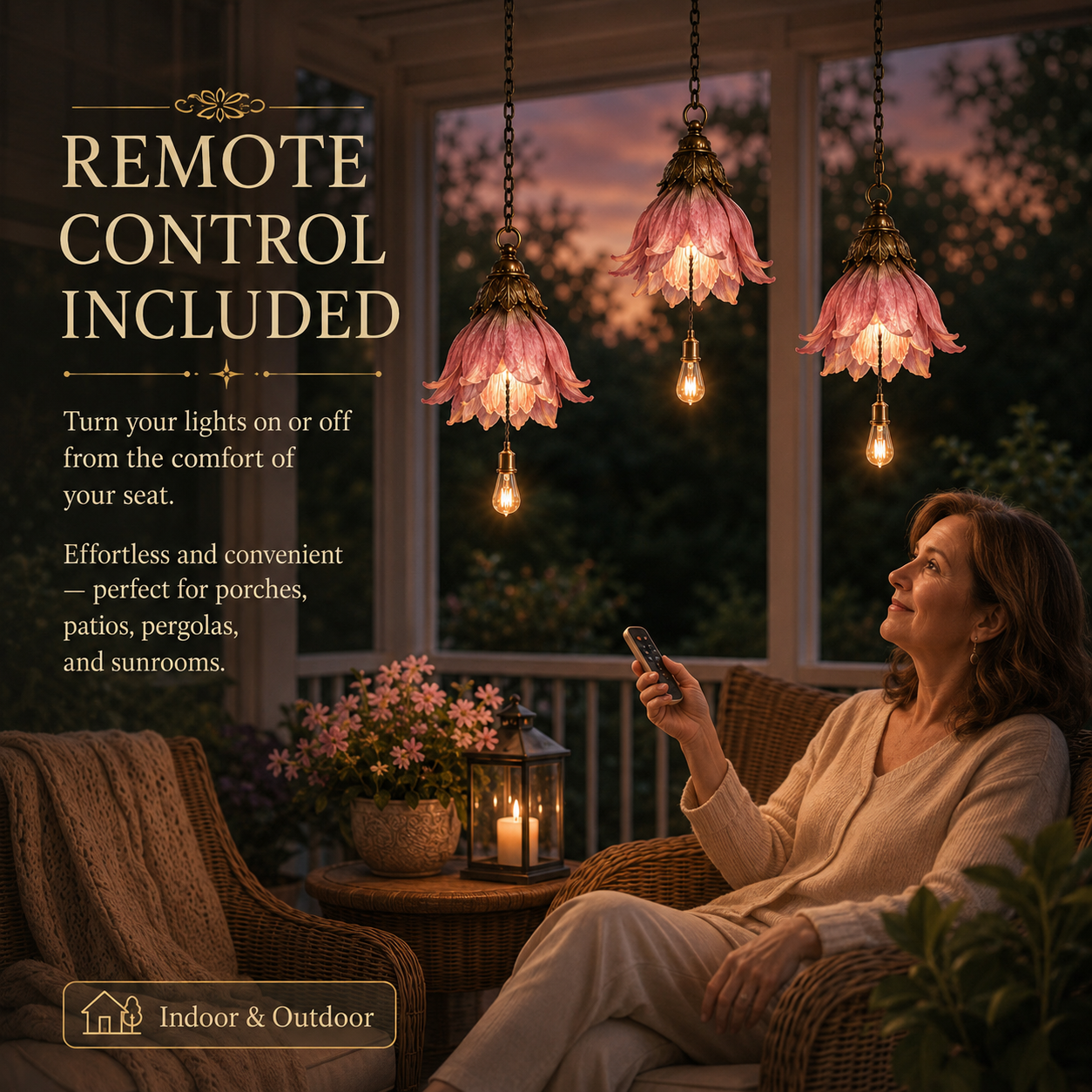 Woman using remote control with hanging flower lights