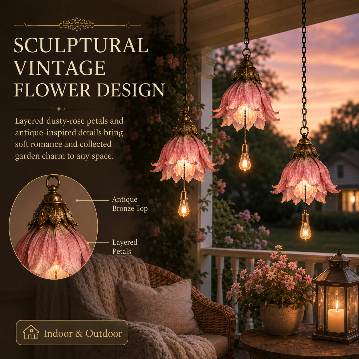 🌸  Vintage Hanging Flower Lights – Dusty Rose, Vintage Wisteria & Antique Ivory Lily | Warm Glow Garden & Patio Decor