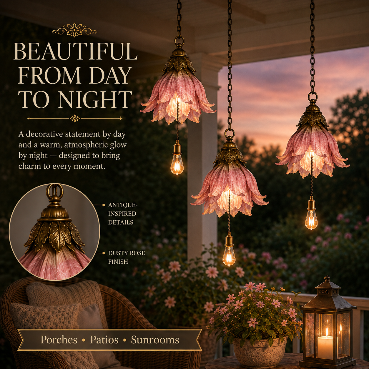 🌸  Vintage Hanging Flower Lights – Dusty Rose, Vintage Wisteria & Antique Ivory Lily | Warm Glow Garden & Patio Decor
