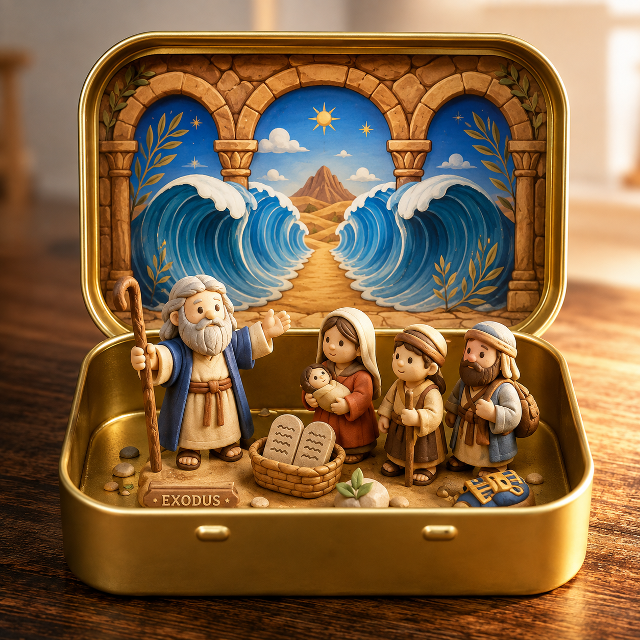 Council by Candlelight - A Miniature Hanukkah Menorah Diorama in a Golden Keepsake Tin