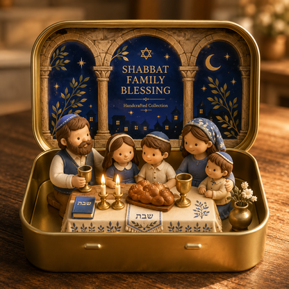 Council by Candlelight - A Miniature Hanukkah Menorah Diorama in a Golden Keepsake Tin
