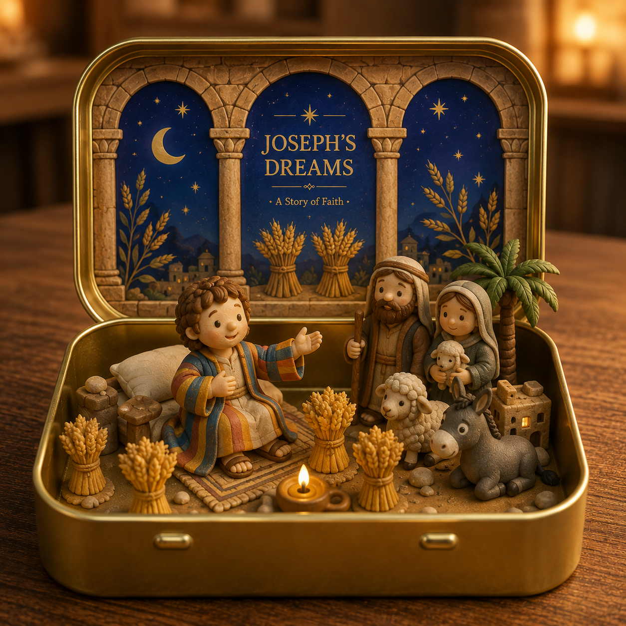 Council by Candlelight - A Miniature Hanukkah Menorah Diorama in a Golden Keepsake Tin