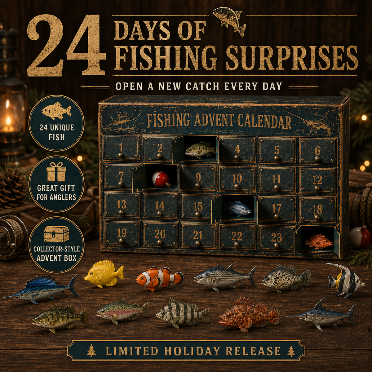 24-Day Fishing Advent Calendar – 24 Unique Fish & Ocean Collectibles 🎣🐟