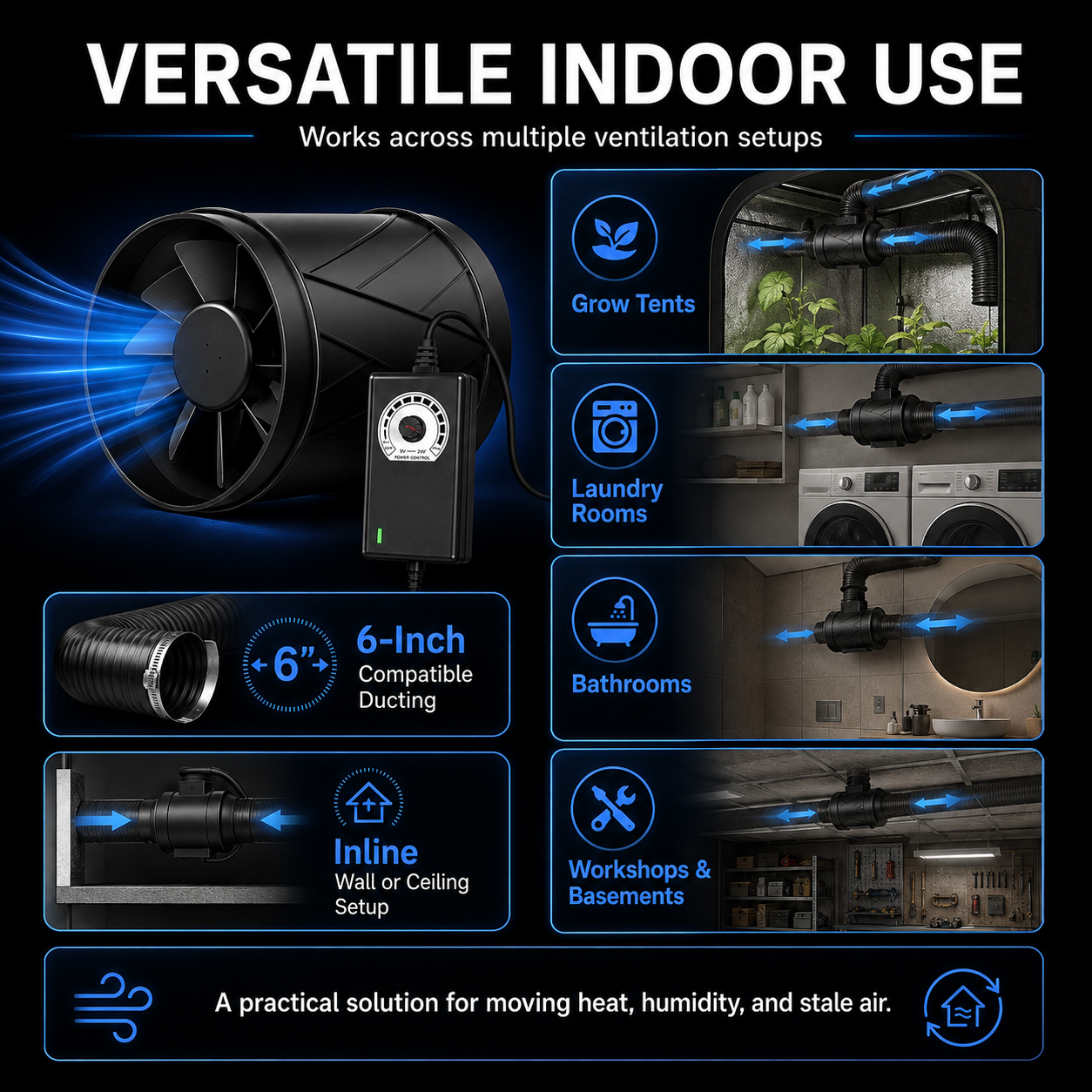 6-Inch High-Airflow Ventilation Extractor Fan with Variable Speed Controller – 345 CFM, 22W