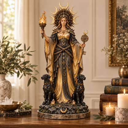 🌙🔥 Hecate Goddess Guardian Statue | Lighted Triple Moon Goddess with Twin Hounds, Torch & Key