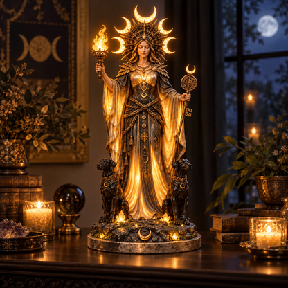 🌙🔥 Hecate Goddess Guardian Statue | Lighted Triple Moon Goddess with Twin Hounds, Torch & Key