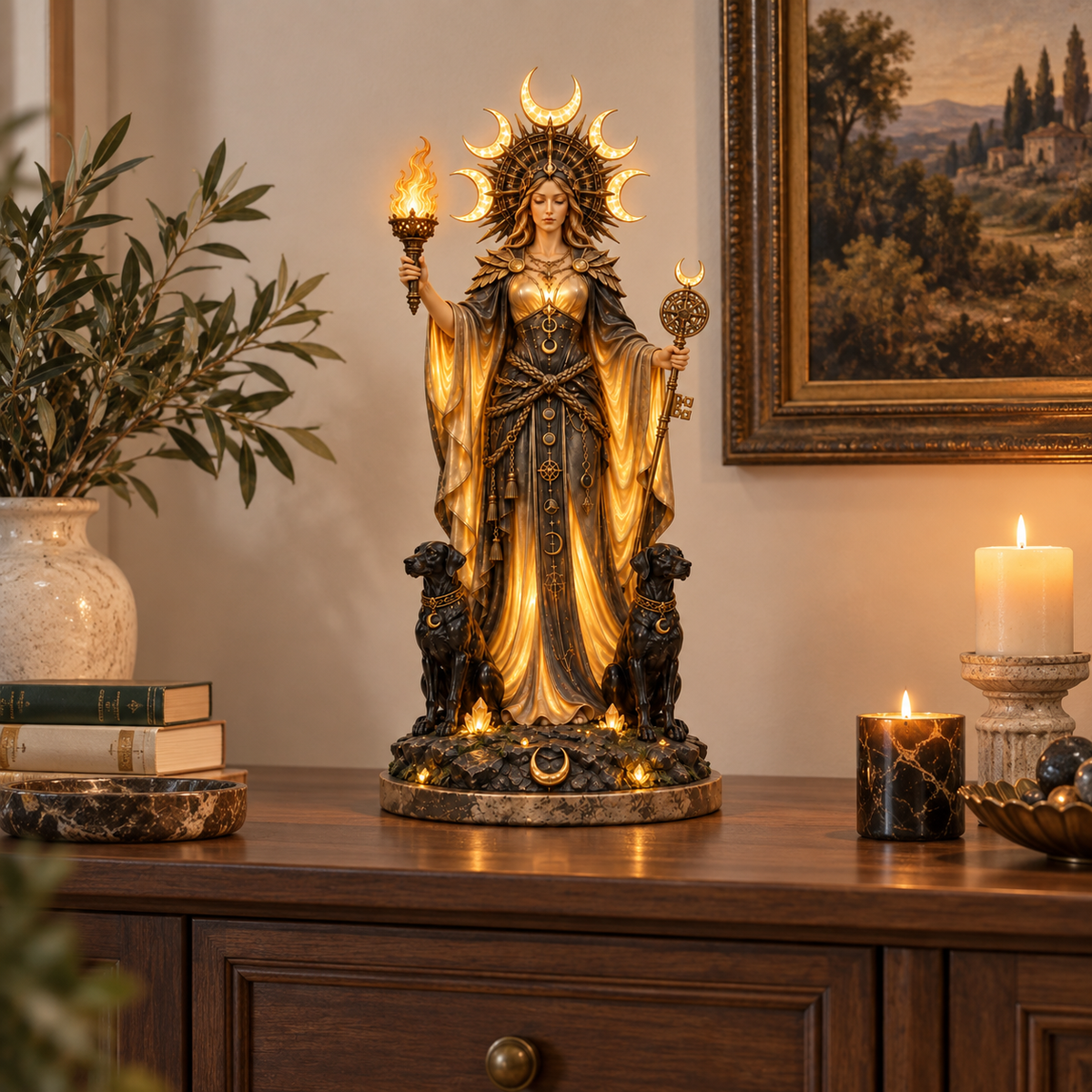 🌙🔥 Hecate Goddess Guardian Statue | Lighted Triple Moon Goddess with Twin Hounds, Torch & Key