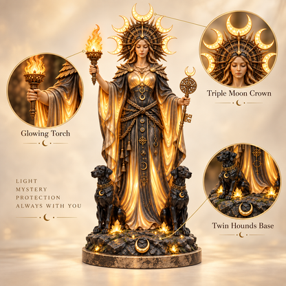 🌙🔥 Hecate Goddess Guardian Statue | Lighted Triple Moon Goddess with Twin Hounds, Torch & Key