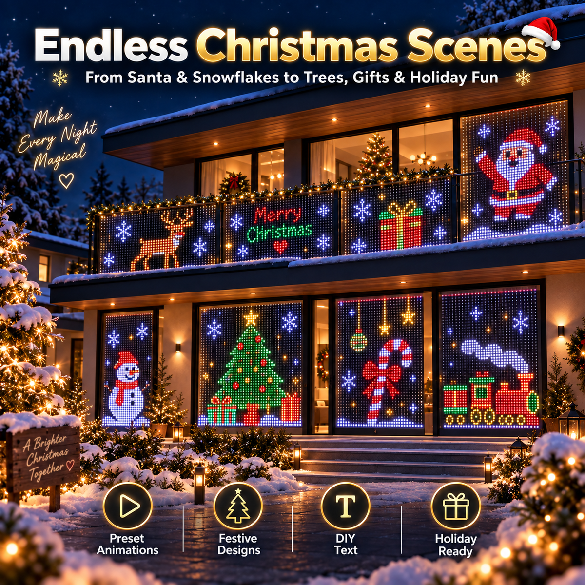 Different Christmas scenes displayed with smart pixel curtain lights