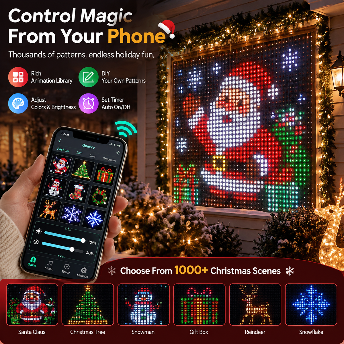 Christmas pixel curtain light scenes including Santa Christmas tree snowman gift reindeer and snowflake