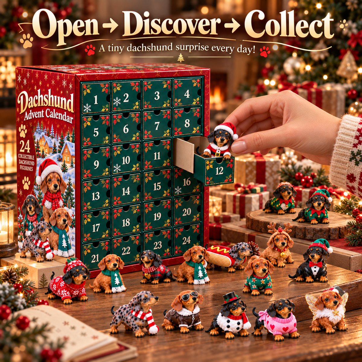 🎄 24 Days of Dachshund Joy™ – Christmas Advent Calendar with 24 Collectible Dachshund Figurines