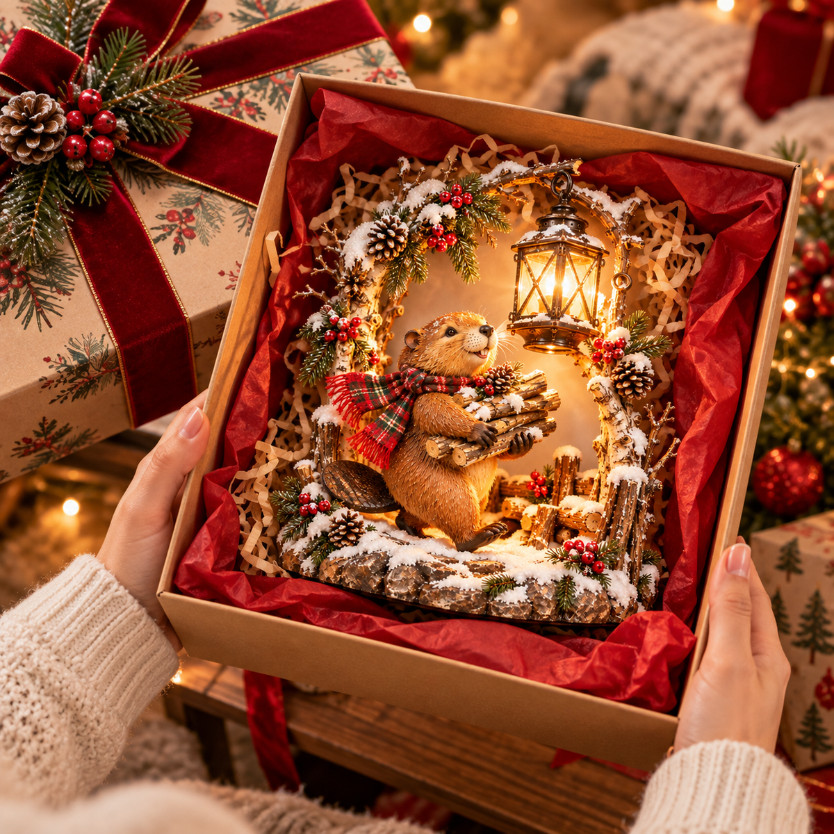 🦫 The Christmas Woodkeeper – Lighted Woodland Beaver Holiday Scene