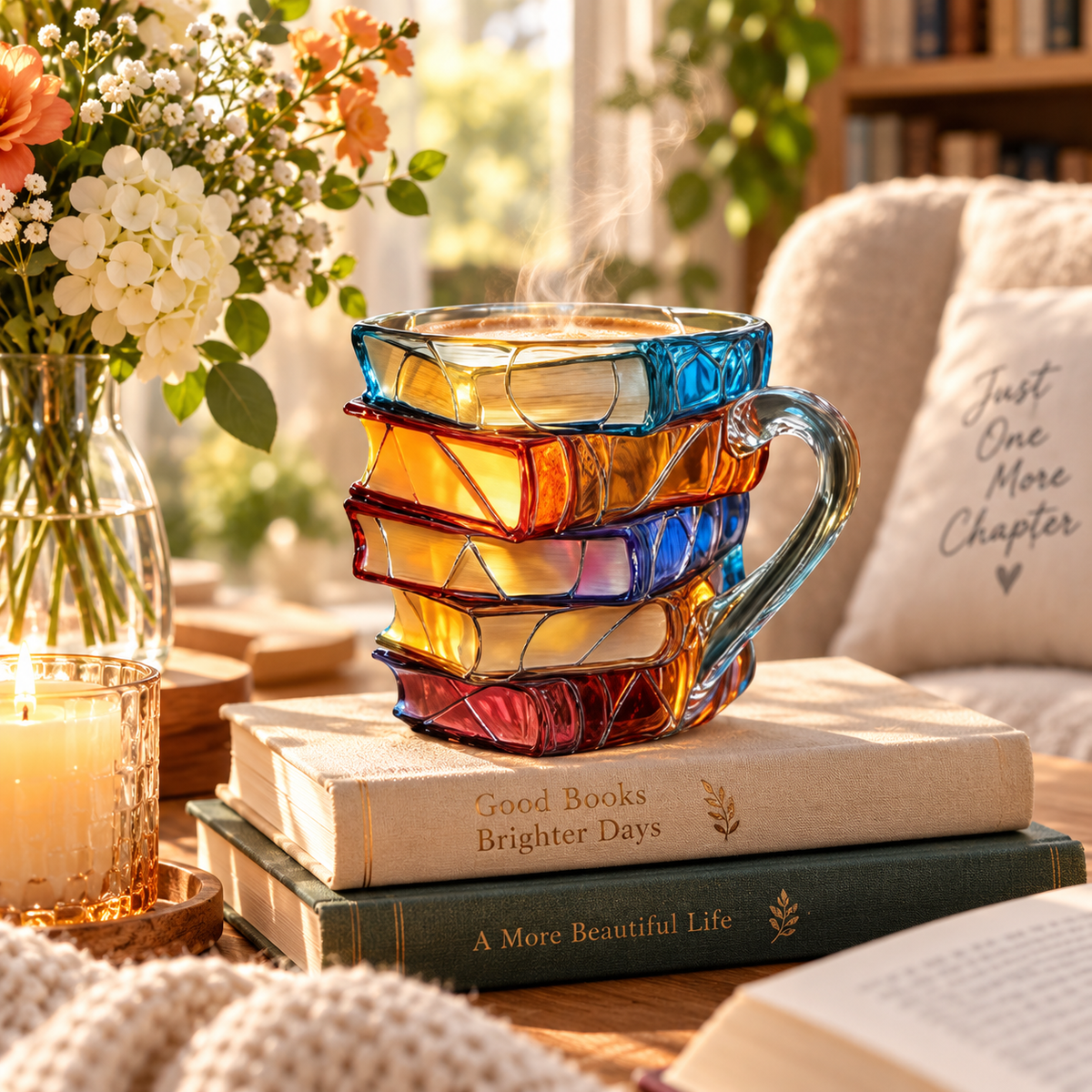 Colorful 3D book stack glass mug beside books in a cozy reading room
