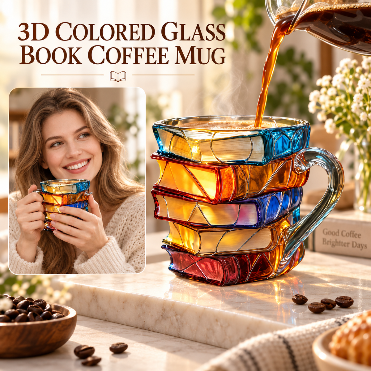 Woman holding colorful 3D book stack coffee mug