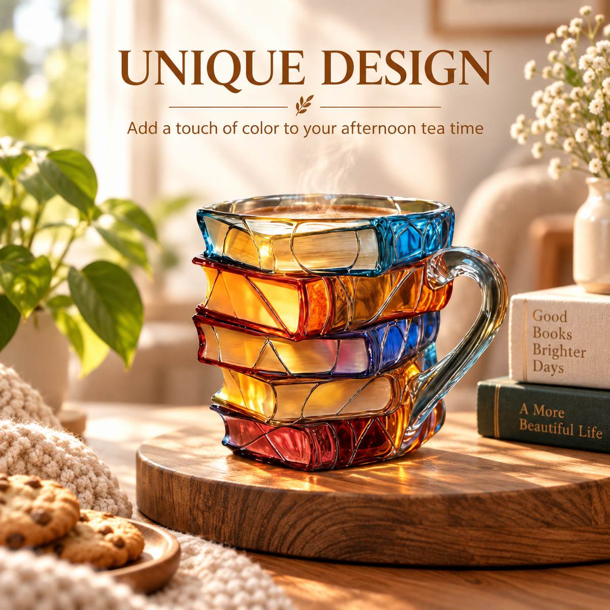 Book shaped colorful mug displayed in a warm reading room