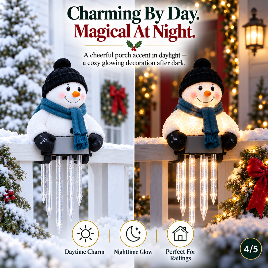Glowing snowman icicle porch light