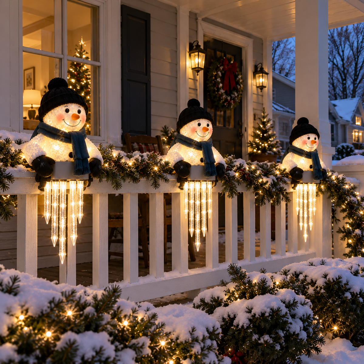 Snowman icicle light holiday porch
