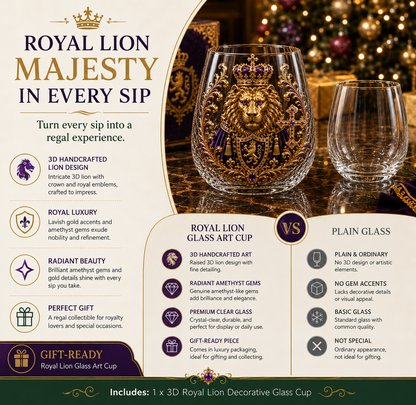 🦁👑 3D Royal Lion Glass Art Cup | Luxury Raised Whiskey Glass with Crowned Lion Design, Collectible Barware & Gift for Whiskey Lovers