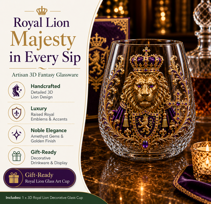 🦁👑 3D Royal Lion Glass Art Cup | Luxury Raised Whiskey Glass with Crowned Lion Design, Collectible Barware & Gift for Whiskey Lovers