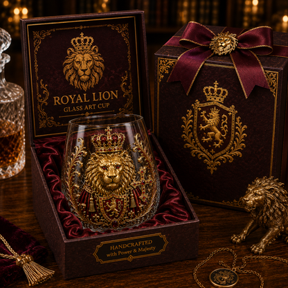 🦁👑 3D Royal Lion Glass Art Cup | Luxury Raised Whiskey Glass with Crowned Lion Design, Collectible Barware & Gift for Whiskey Lovers