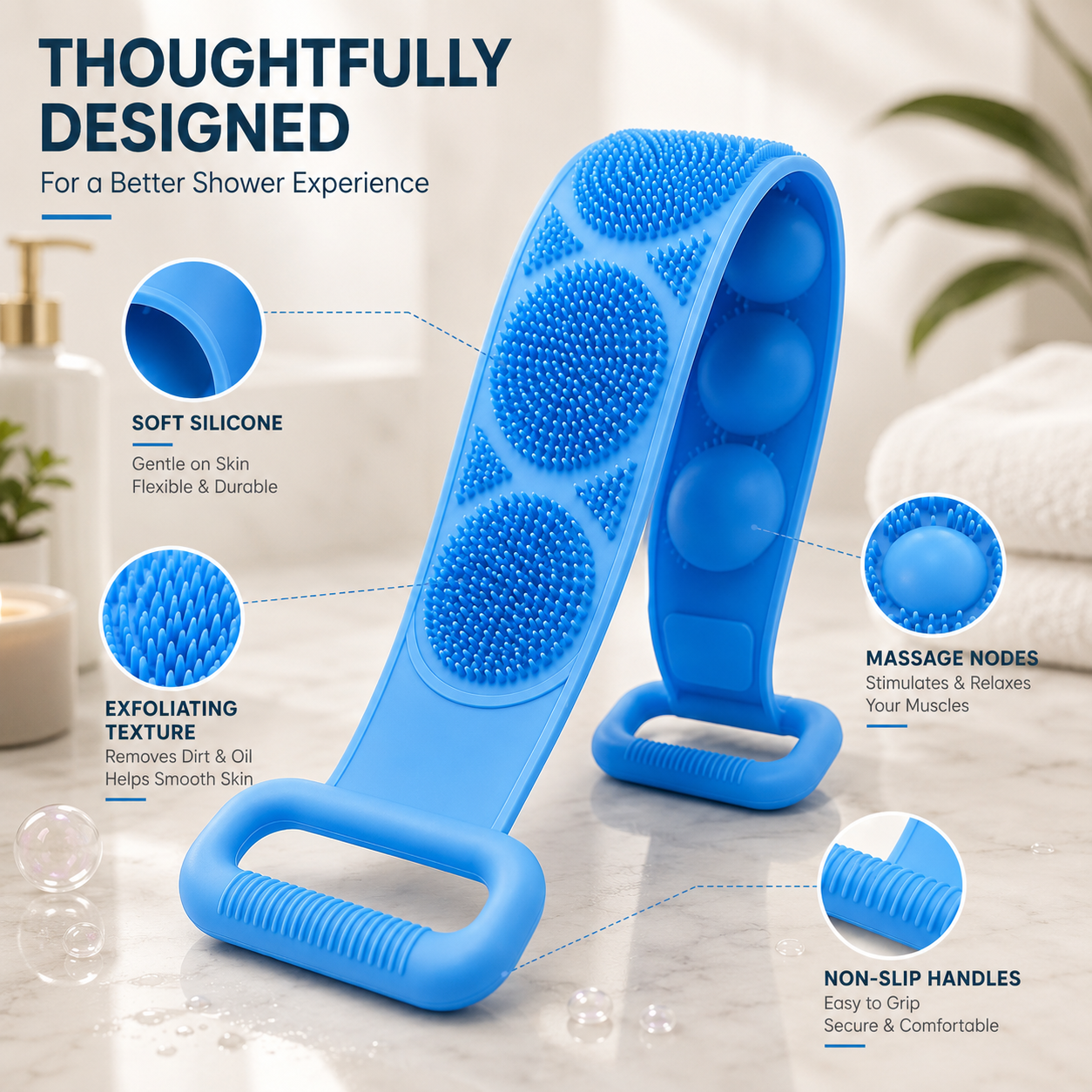 🚿 Double-Sided Silicone Back Scrubber – Long Exfoliating Bath Brush