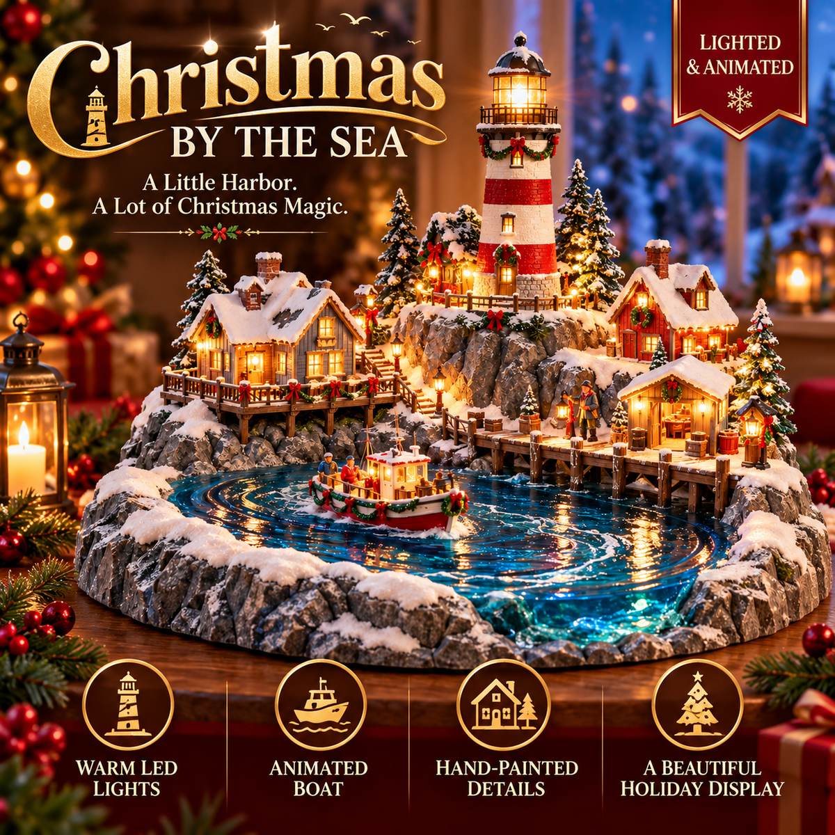 Christmas by the sea with illuminated lighthouse, harbor boat, snow-covered cottages and seaside decorations
