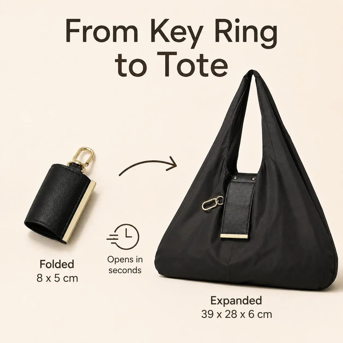 Foldable keychain tote transforming from compact key ring pouch into full size bag