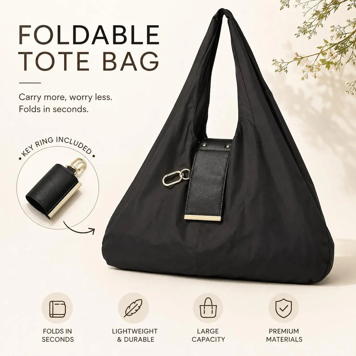 Foldable keychain tote bag shown open and packed into compact pouch