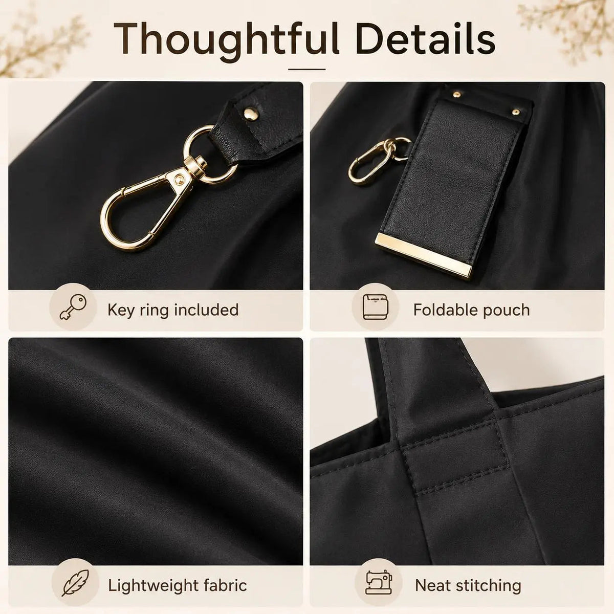 Foldable tote key ring pouch fabric and stitching details