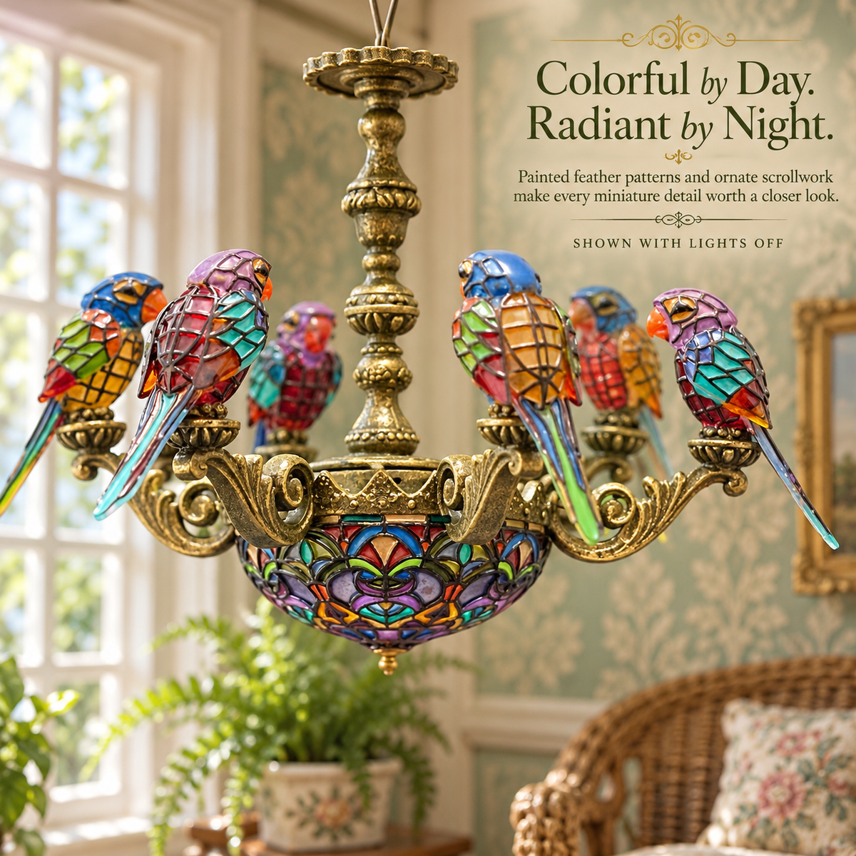 The parrot miniature chandelier shown unlit
