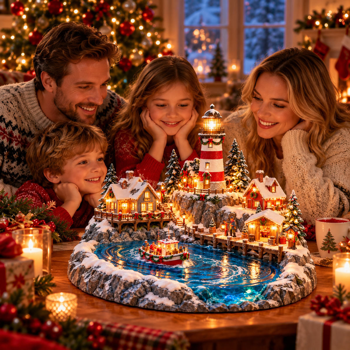 Family enjoying illuminated Christmas lighthouse display