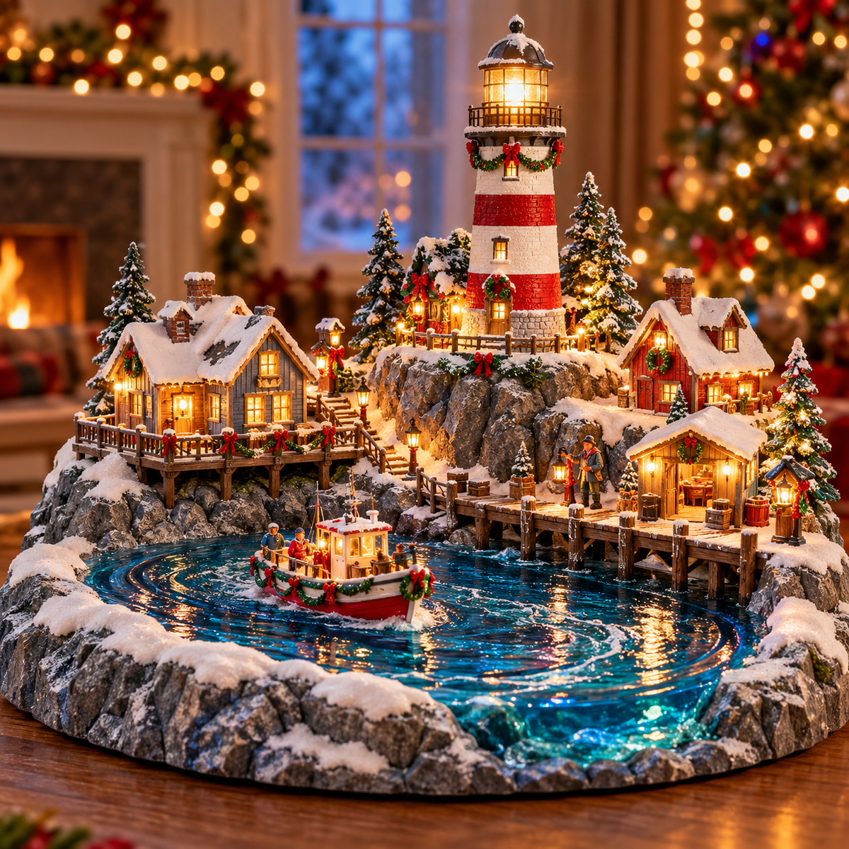 Christmas Lighthouse Homecoming Village with striped lighthouse, snowy cottages, harbor boat and illuminated dock