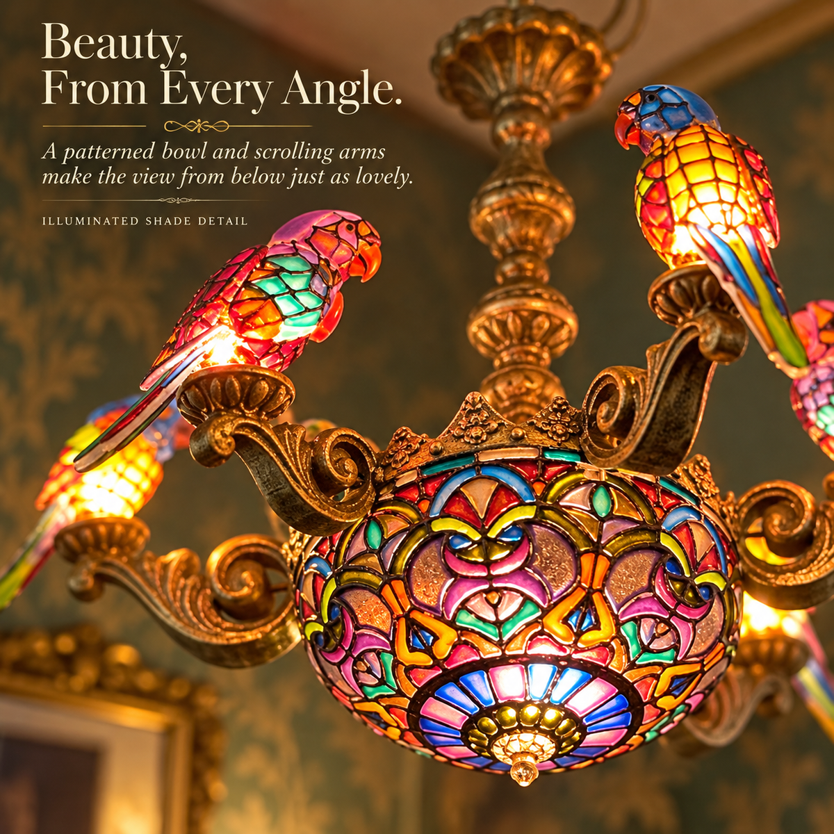 Decorative lighted central bowl and ornate arms