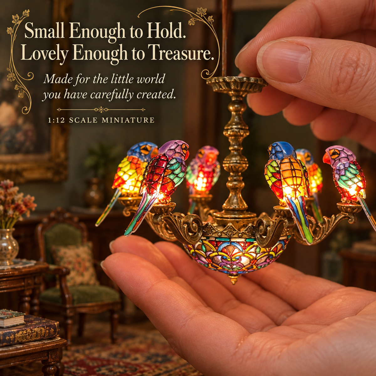 Handheld chandelier demonstrates its miniature size