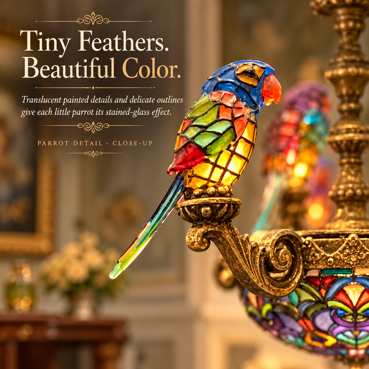 Close-up of the colorful parrot decorative details