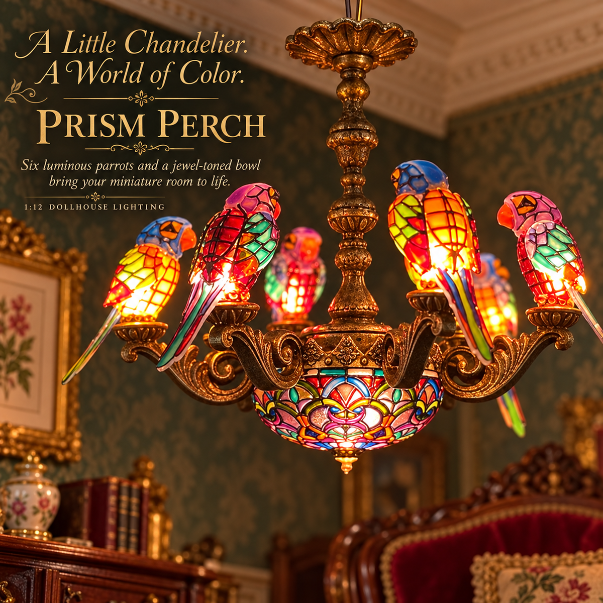 Six colorful parrots on a lit miniature chandelier