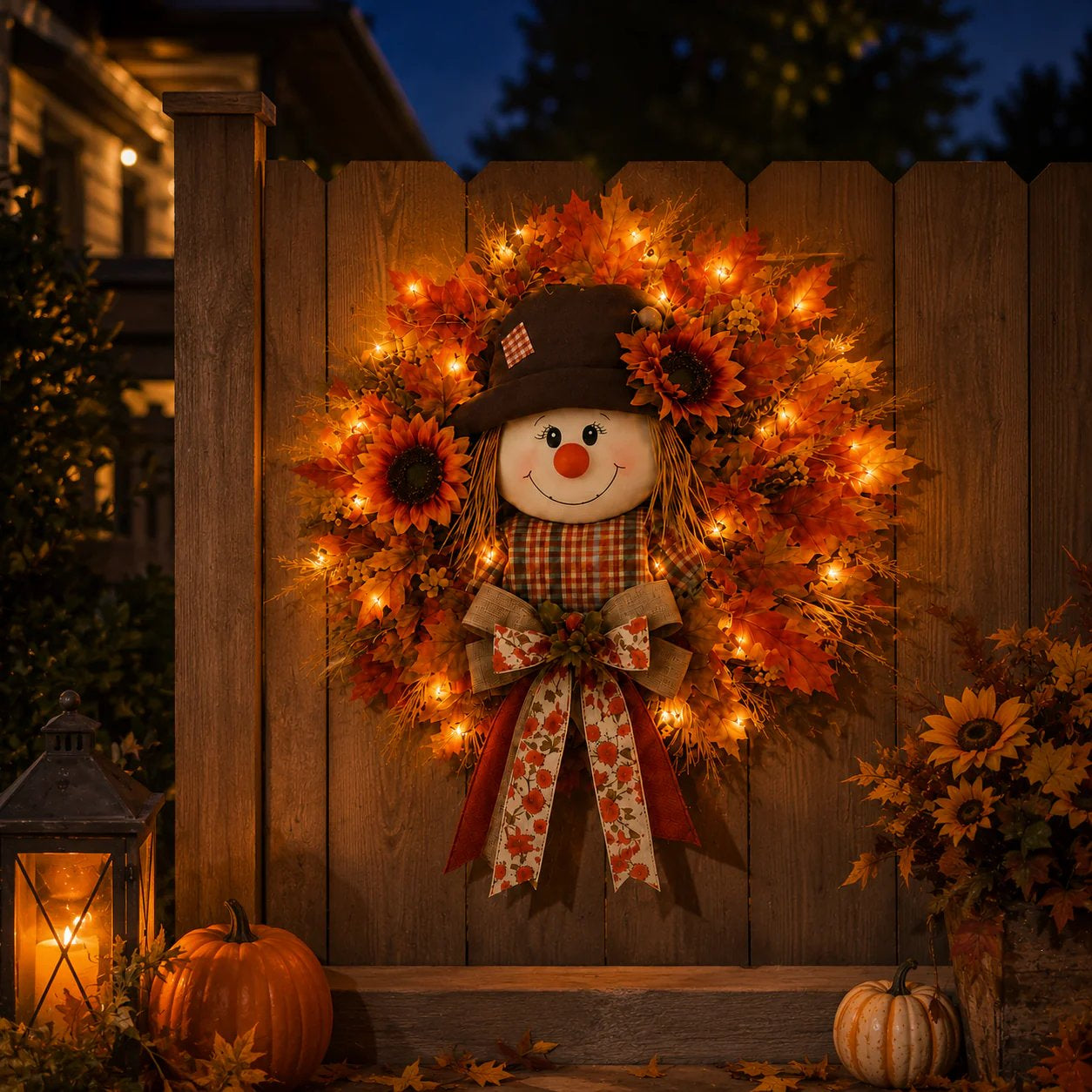 🍂🌻Lighted Scarecrow Fall Wreath for Front Door