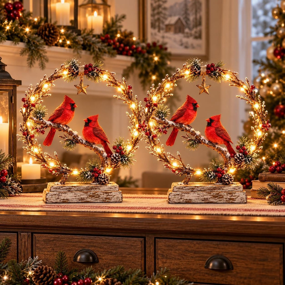 🔥🎁Lighted Cardinal Tabletop Decor, Rustic Red Cardinal Pair with Warm LED Lights